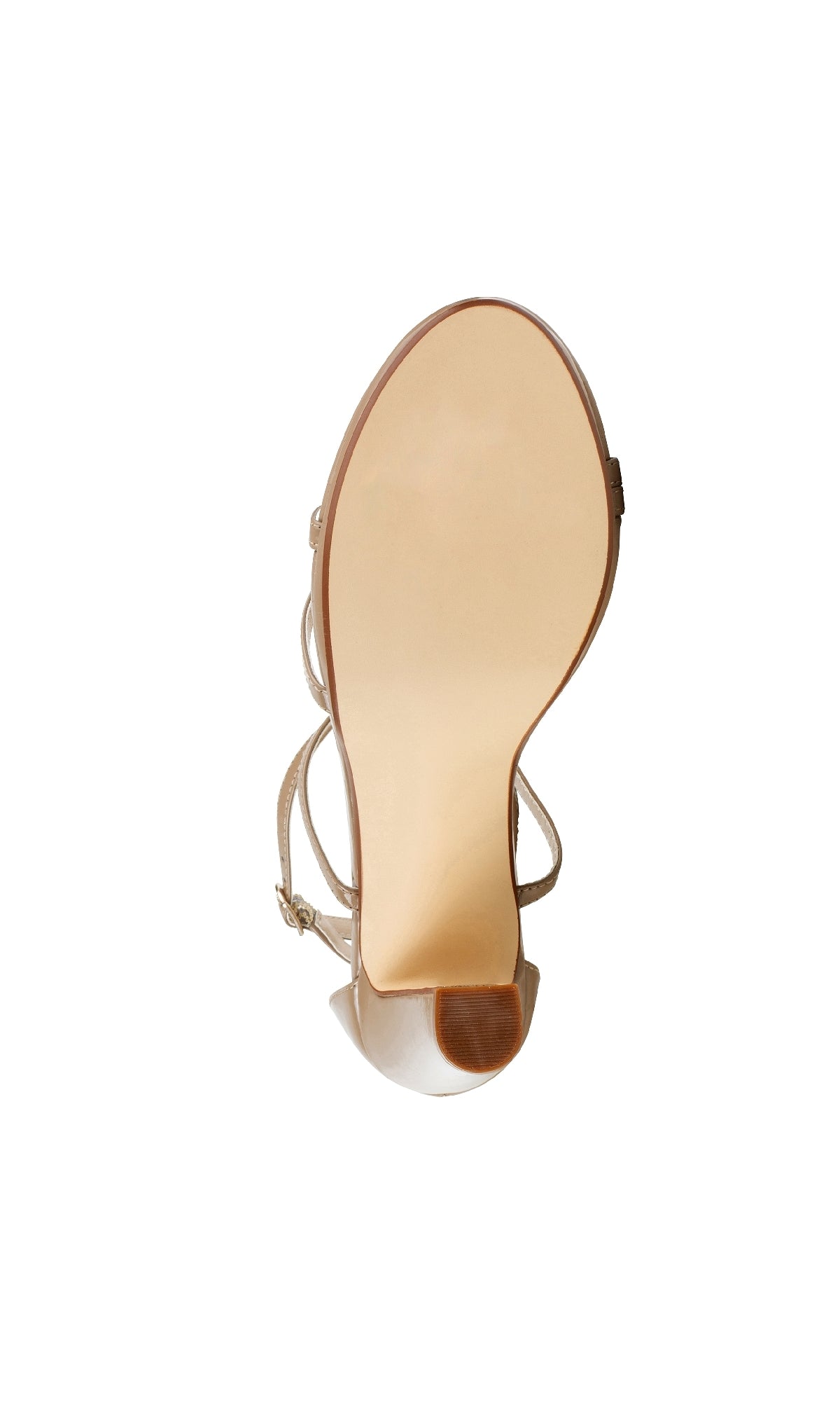 The Reign Dark Nude Prom Shoes (Touch Ups 4644) are gold high-heeled sandals with ankle straps and a smooth beige sole—stylish open-toe heels perfect for pairing with your prom dress.